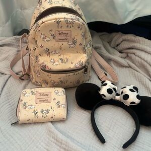 Disney Loungefly Marie Floral Bag with matching wallet and Minnie Ears